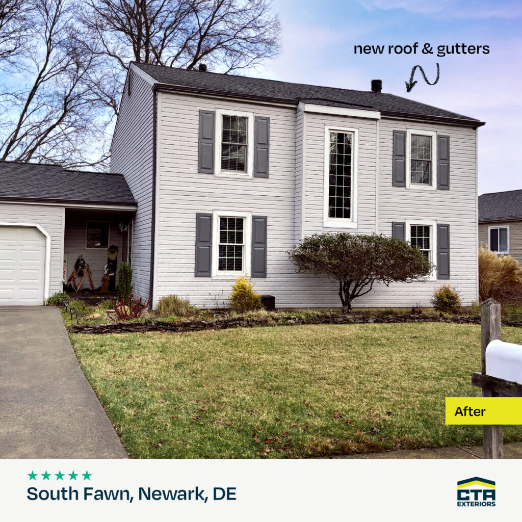 Featured on Hook Agency's home service blog, this charming two-story house in South Fawn, Newark, DE flaunts a new roof and gutters. It showcases light gray siding and dark shutters, all set against a meticulously maintained lawn and shrubs. The property also includes an attached garage accessible via a driveway.
