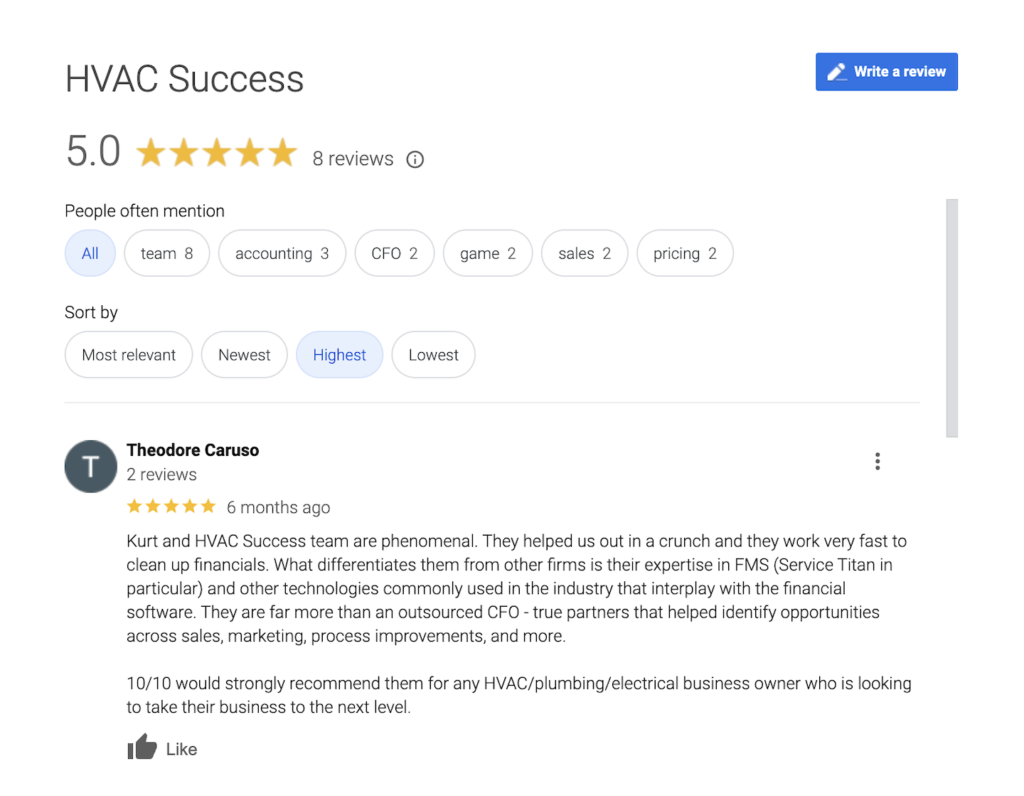 HVAC Success Review Summary HVAC Success proudly maintains a perfect 5.0-star rating from 8 insightful Google Reviews. Key themes highlighted by our satisfied clients include exceptional personnel, robust accounting and CFO services, strategic sales support, and competitive pricing. One notable review from Theodore Caruso commends our team for its outstanding financial expertise and service quality, likening us to specialized plumbing accountants. Discover the difference with HVAC Success today!.