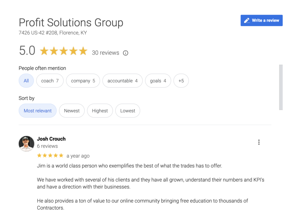 Featured on the Hook Agency website: A screenshot captures Profit Solutions Group's impressive 5.0-star rating from 30 reviews on their Google Business page. Highlighted is a review from Josh Crouch, praising Jim for his expertise in enhancing online community efficiency. This service is an invaluable resource for plumbing accountants and HVAC professionals seeking to optimize their business operations.