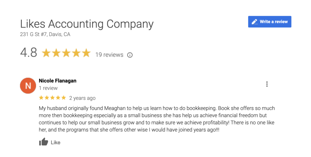 Featured Google Review for "Likes Accounting Company" in Davis, CA: With an impressive 4.8-star rating from 19 reviews, Nicole Flanagan highlights their outstanding bookkeeping services and business growth support. Ideal for those in need of expert Plumbing Accountants to elevate financial success.