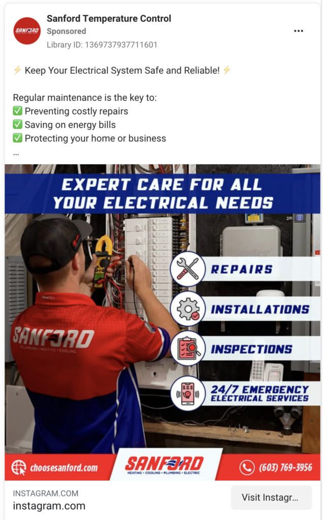 An expert from Sanford Temperature Control, wearing a distinct red Sanford shirt, skillfully manages an electrical panel. Our certified electricians specialize in repairs, installations, and offer round-the-clock emergency services. Explore our capabilities via Facebook Ads. Access contact information and click the call-to-action button below for immediate assistance.