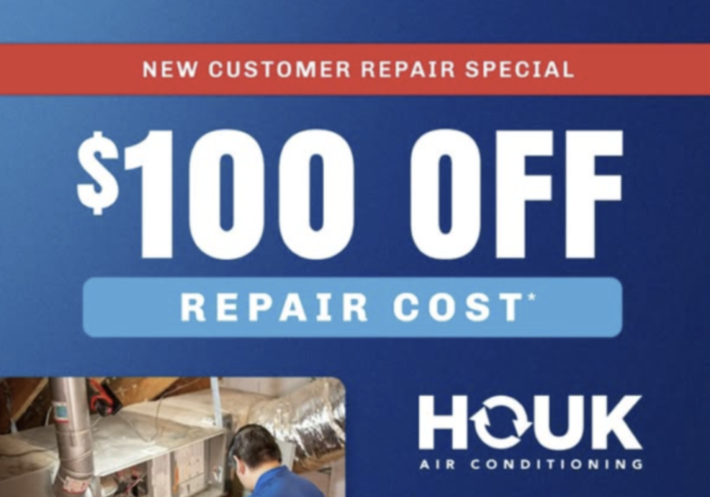 Get $100 Off Your First Repair with Houk Air Conditioning Experience top-notch service and savings exclusively for new customers. Our skilled technicians are ready to expertly handle your HVAC repair needs. Don't miss this offer—perfectly crafted for Facebook Ads with an engaging background image of our expert at work. Book Now and Save!.
