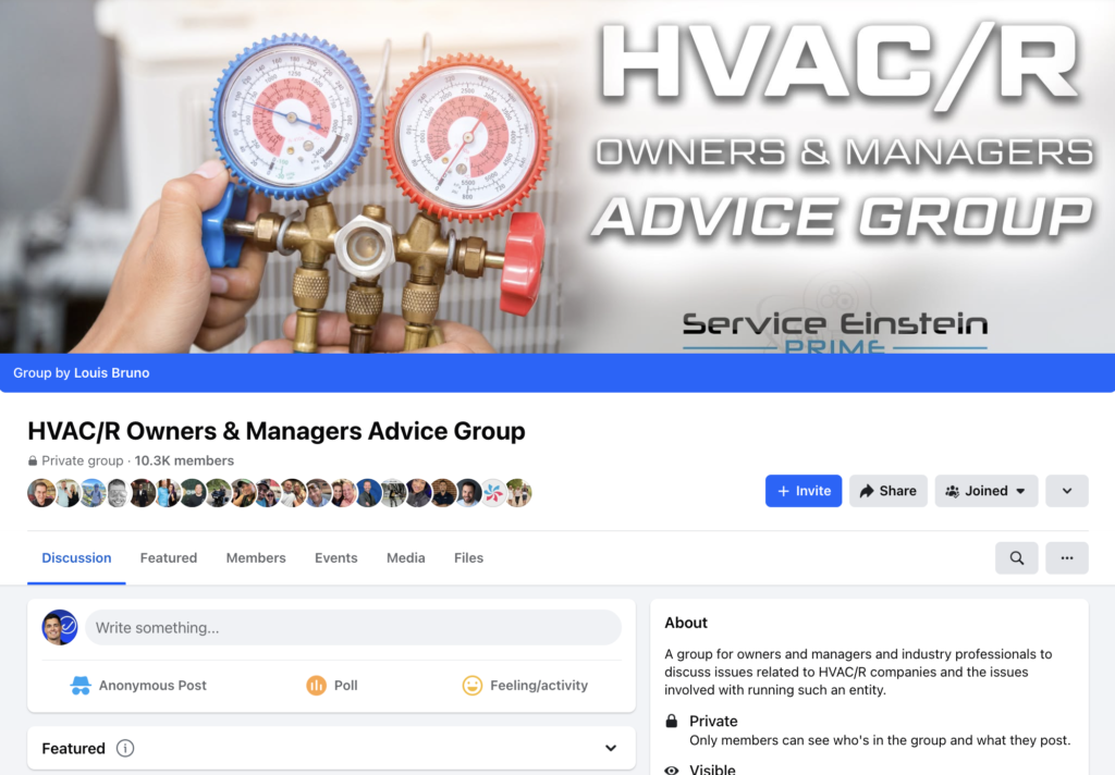 Displayed on Hook Agency's website is a close-up image of HVAC pressure gauges. Highlighted is the "HVAC/R Owners & Managers Advice Group" on Facebook, featuring its community of 2,025 industry professionals. Visitors can view the cover image and explore options to invite others or post within this active group.