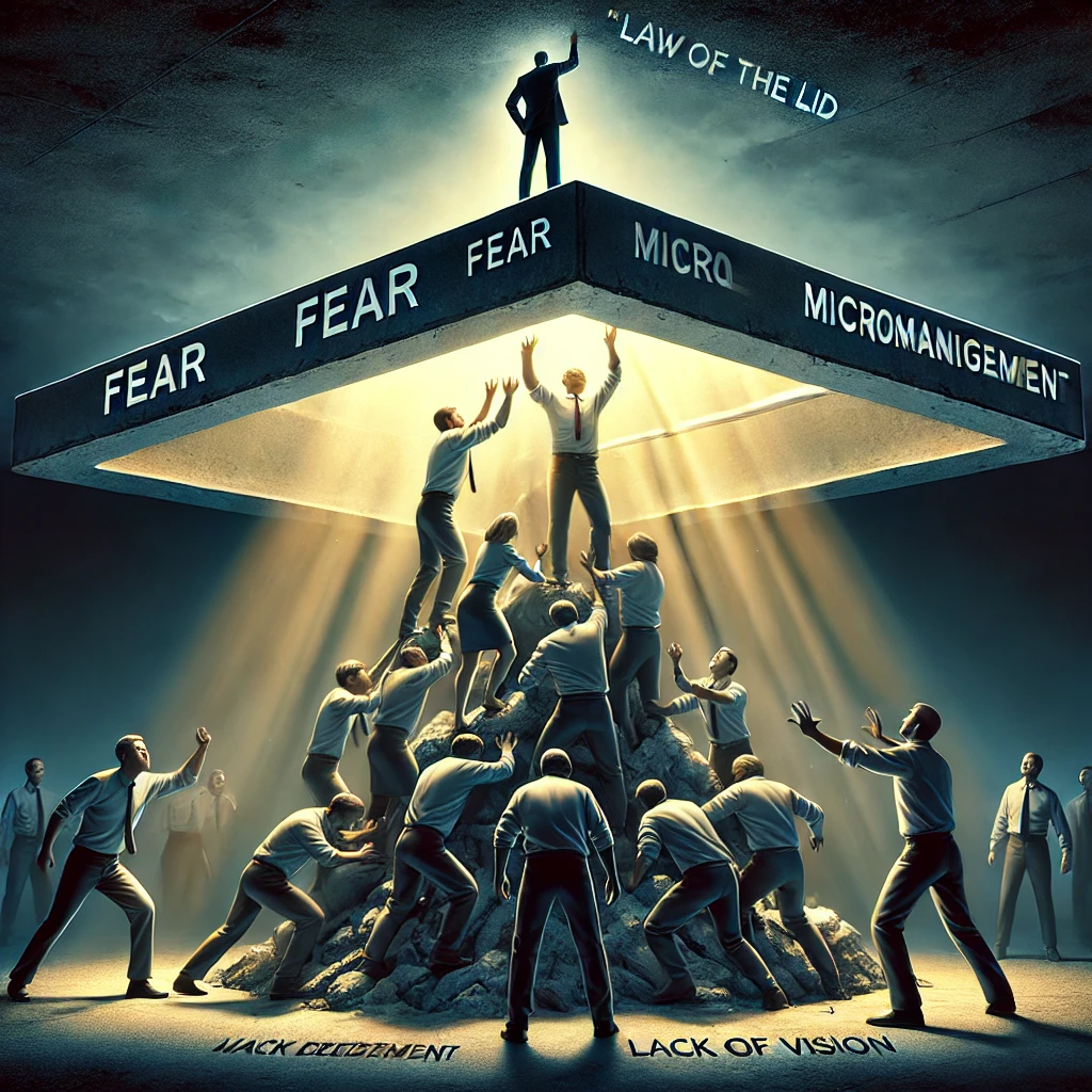 At Hook Agency, we illustrate the concept of the "Law of the Lid." A chaotic scene unfolds as individuals scramble over each other toward a large lid marked by limitations such as "fear" and "micromanagement." Above them, one person stands tall, spotlighted as a leader. Below, many are ensnared by obstacles like "lack of vision" and "revenue plateau." Our visual serves as a stark reminder to overcome these barriers for success.