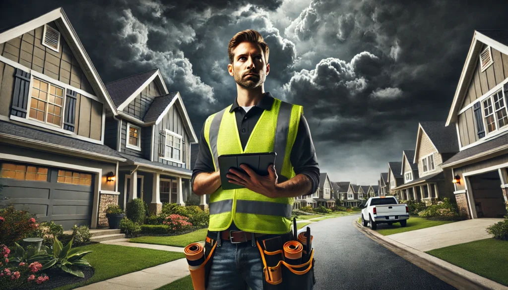Bill stands confidently on a suburban street, donning a fluorescent safety vest and equipped with a tablet. Against the backdrop of dramatic storm clouds hovering over American craftsman-style homes, he is fully prepared for his day of Arkansas roofing door-to-door sales. With tools at his belt, Bill is ready to tackle any challenge that comes his way.
