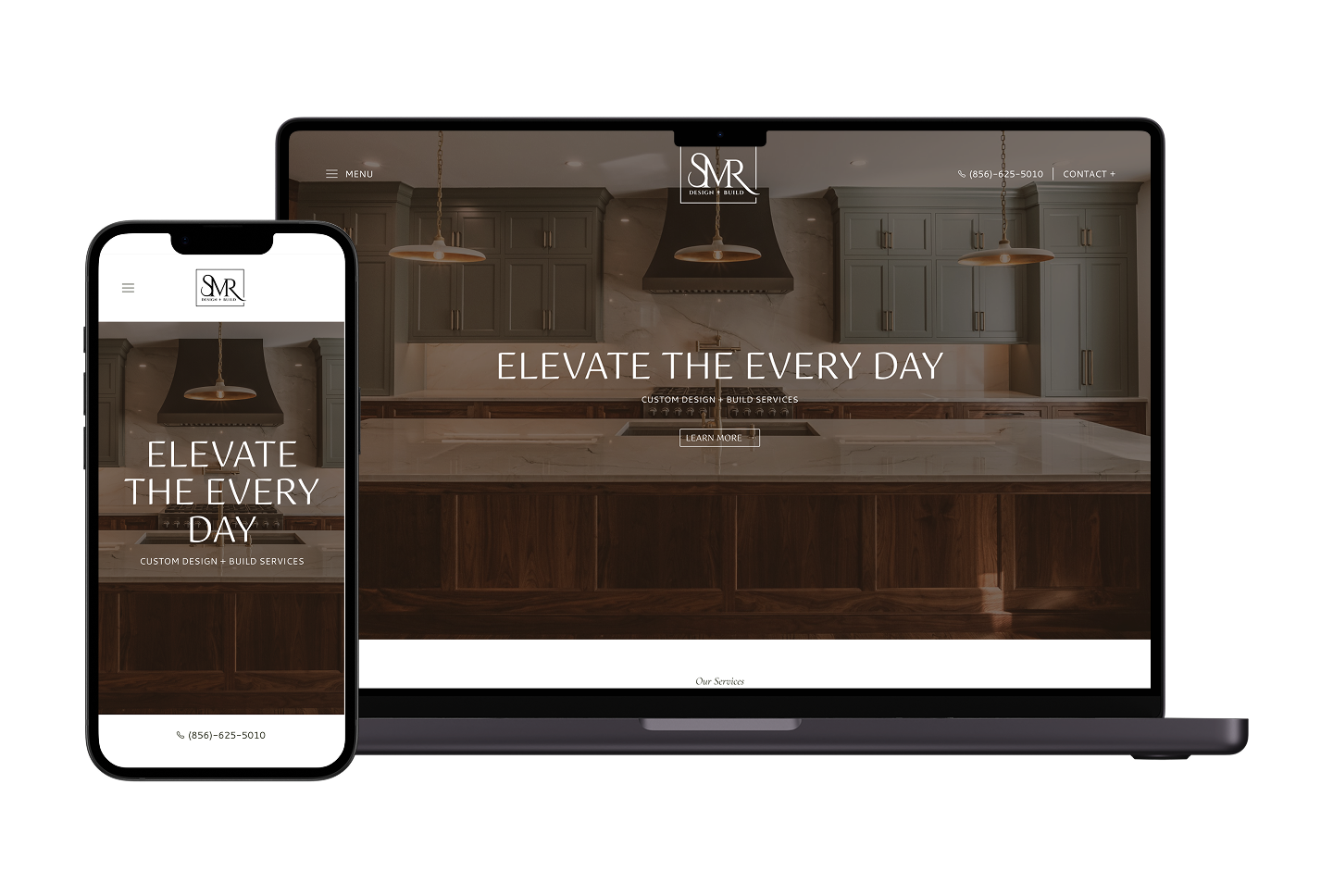 A smartphone and laptop display the custom design and build service homepage, showcasing a modern kitchen lookbook with dark cabinets. The centered headline on both screens reads, "Elevate the Every Day.