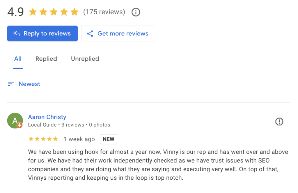 On Hook Agency's 4.9-star review page, featuring 175 reviews, Aaron Christy highlights trust challenges with SEO companies but commends representative Vinny for outstanding service and consistent updates. Renowned for superior reporting, Vinny has earned respect even among PPC agencies.