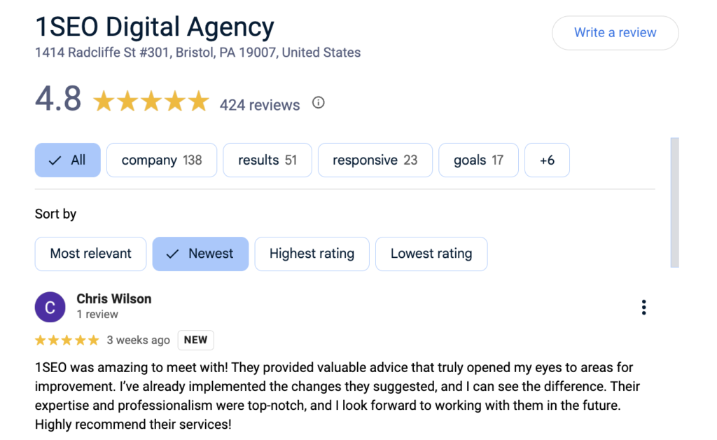 A screenshot of 1SEO Digital Agency's review page showcases genuine feedback with an impressive 4.8-star rating from 424 testimonials. Reviews cover categories such as company performance, results, responsiveness, and goal achievement. A standout testimonial by Chris Wilson praises the agency for its invaluable advice and exceptional service, ranking it among the leading PPC agencies.