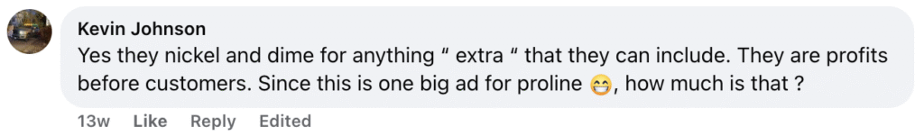 Kevin Johnson criticized AccuLynx Pricing on Facebook, highlighting extra charges and a profit-first approach over customer interests. He also sarcastically questioned the cost of a featured product, ending his comment with a grinning emoji.