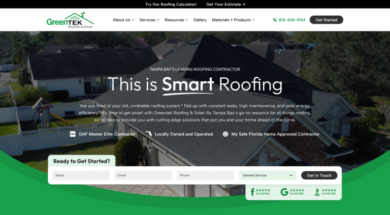 Greentek Roofing & Solar homepage on Hook Agency site