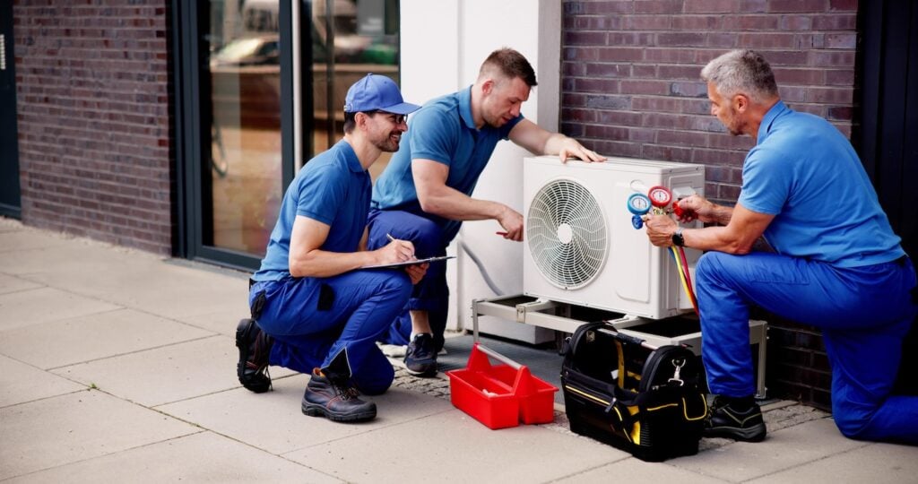 Three uniformed technicians collaborate on an outdoor air conditioning unit, using professional tools and gauges. Their teamwork demonstrates the expertise required to grow a successful HVAC business, as they carefully inspect the system with equipment and supplies close by.