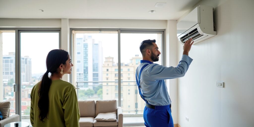 An HVAC technician in blue overalls inspects a wall-mounted air conditioner as a resident observes in a modern apartment with expansive windows and city views.