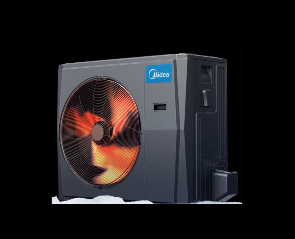 A gray Midea Evox G3 heat pump unit with a prominent circular fan emits a warm orange glow as it sits on a snowy surface—ideal for demo sessions or product reviews.