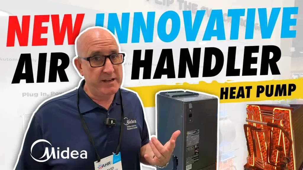 A man in a navy shirt and glasses demonstrates the Midea Evox G3, standing before bold text: “NEW INNOVATIVE AIR HANDLER HEAT PUMP.” Air handler and internal heat pump components are on display beside him.