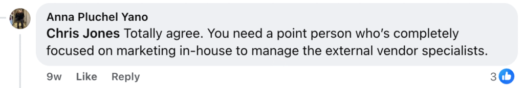 Anna Pluchel Yano agrees with Chris Jones: For optimal results, hire experienced digital marketing experts or a reputable agency. Effective management of vendor specialists requires dedicated in-house oversight. (3 likes).