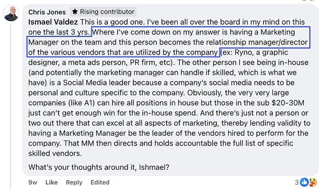 On LinkedIn, Chris Jones weighs the decision of having a Marketing Manager versus a Social Media Leader oversee company vendors—especially when outsourcing digital marketing. He outlines the pros and cons of each: A Marketing Manager provides broad strategic oversight and coordinates multiple channels, ensuring alignment with overall goals. However, they may lack in-depth social expertise. A Social Media Leader brings specialized knowledge essential for effective platform-specific campaigns but may have a narrower focus. Actionable takeaway: Assess your company's needs and choose leadership that best aligns with your objectives—opt for a Marketing Manager for cross-channel cohesion or a Social Media Leader for targeted expertise.