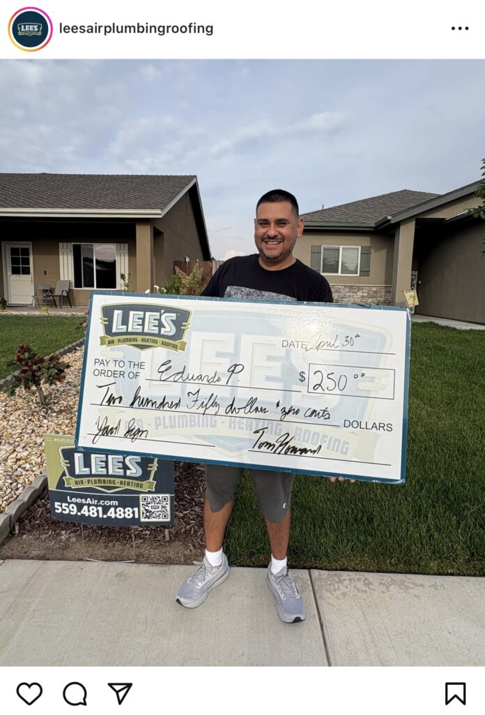 Showcase your satisfied customers—like Edward P., who received a $250 check from LEES Air Plumbing & Roofing. Capture the moment with a photo of them outside their home, proudly holding the oversized check. This powerful visual is ideal for your 2025 HVAC social media posts, highlighting customer rewards and building trust with your audience.