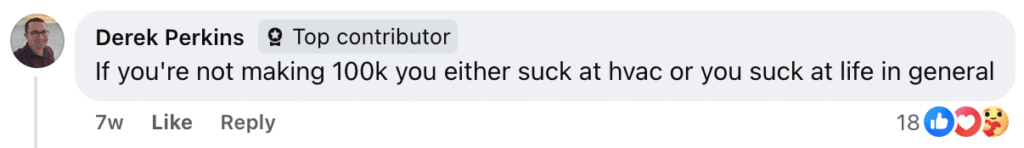 A Facebook commenter, Derek Perkins, states: "If you're not making $100k, you either suck at HVAC or you suck at life in general." This blunt assessment has resonated with the community—receiving 18 likes and numerous reactions.