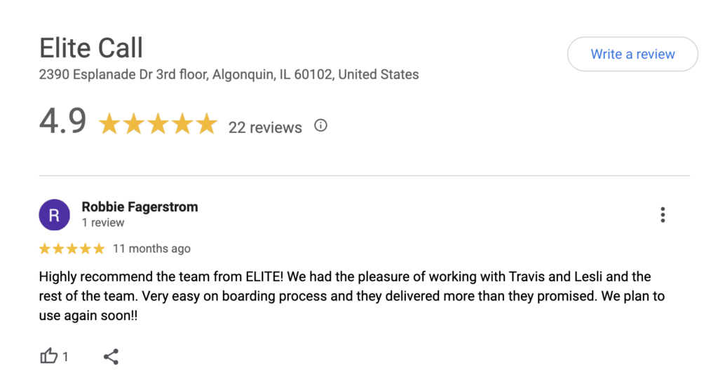 Elite Call in Algonquin, IL boasts a 4.9-star rating from 22 Google reviews. A highlighted review commends Travis and Lesli for their outstanding service, noting a seamless roofing lead generation process that surpassed expectations.