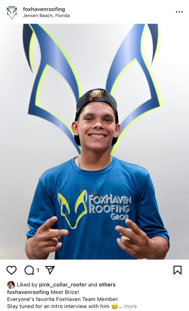 A FoxHaven Roofing Group team member proudly celebrates National Roofing Week on social media, standing in front of our signature blue and yellow logo and inviting engagement with a confident smile.
