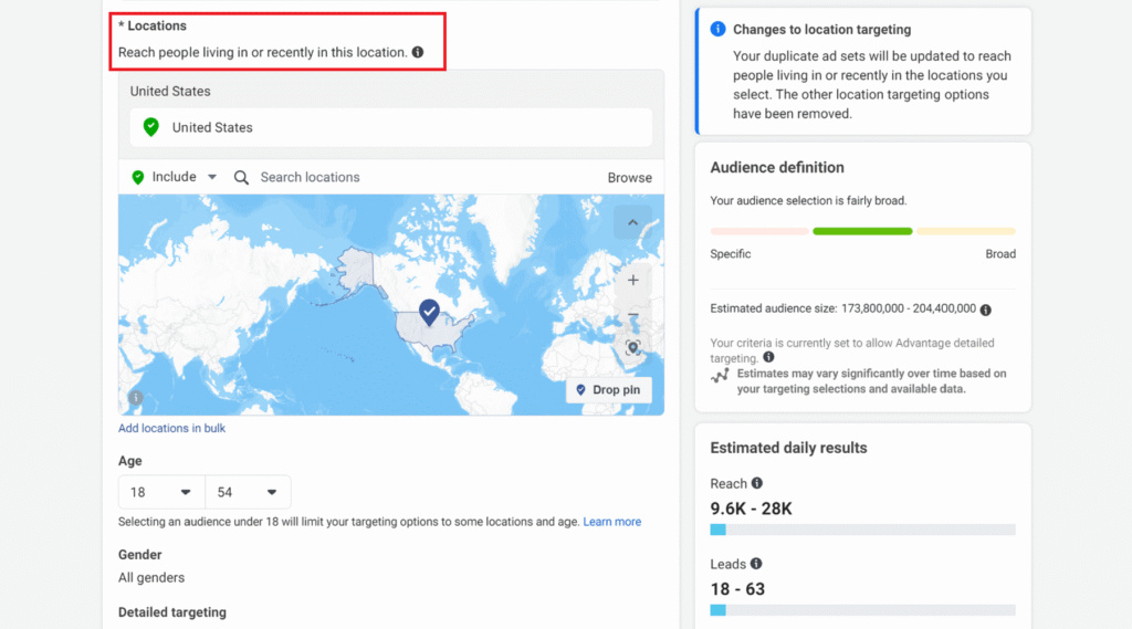 Screenshot: Facebook Ads location targeting settings for 2025, as displayed on Hook Agency’s website. The interface shows the U.S. selected on a world map, along with options for age, gender, audience definition, estimated daily reach, and projected leads—specifically tailored to Home Services. All relevant targeting and customization features are clearly visible.
