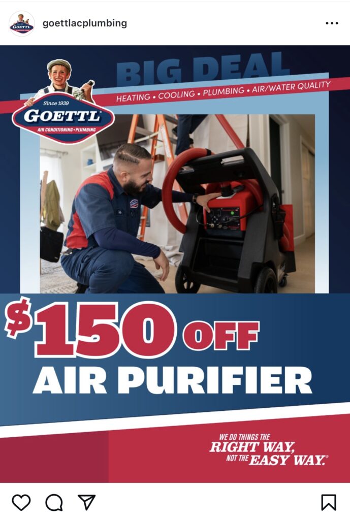 A uniformed plumber kneels beside a red air purifier, smiling confidently to showcase HVAC expertise. The image features bold text: “$150 Off Air Purifier” with Goettl branding and the slogan, “We do things the right way, not the easy way.” Ideal visual for 2025 social media promotions.