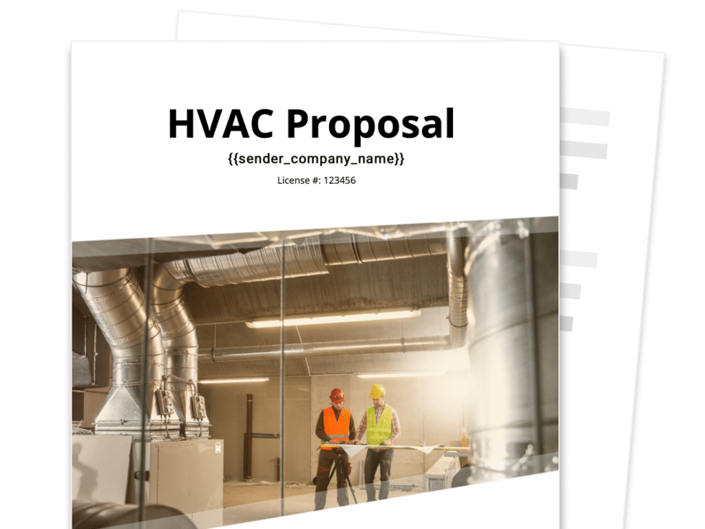 HVAC Proposal Cover: Features a photo of two HVAC contractors in hard hats reviewing plans in an industrial environment, surrounded by large ventilation ducts and equipment.