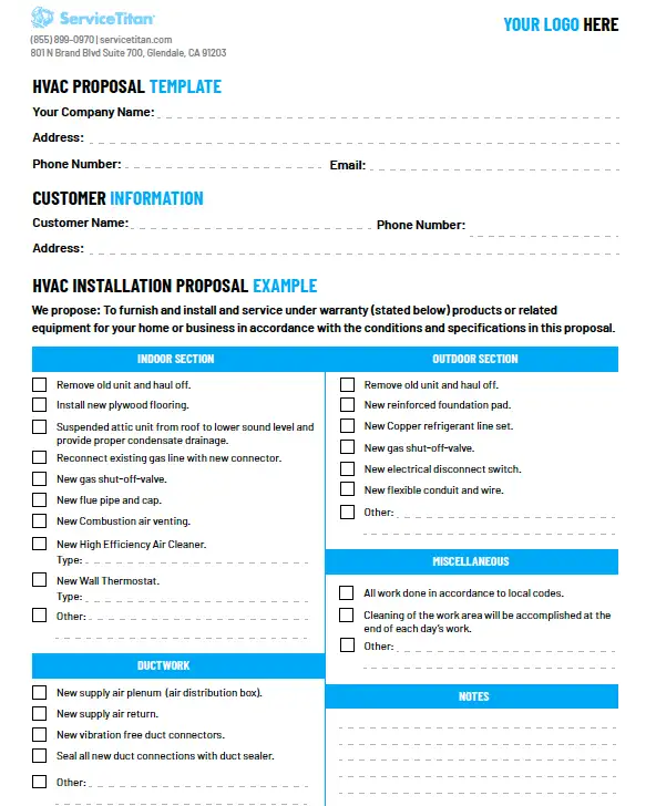 Download a professional HVAC installation proposal template designed for contractors. This form includes sections for company and customer details, along with a comprehensive checklist covering indoor, outdoor, and miscellaneous services. Featuring a clean layout with blue highlights and fillable fields, it’s ideal for streamlining your proposals and ensuring nothing is missed.