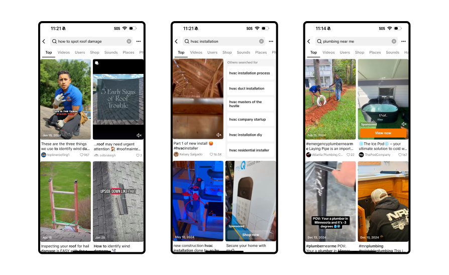 Three smartphone screens showcase Pinterest-style social media feeds for home services, displaying search results for “how to spot roof damage,” “HVAC installation,” and “plumbing near me,” each featuring relevant images and videos.