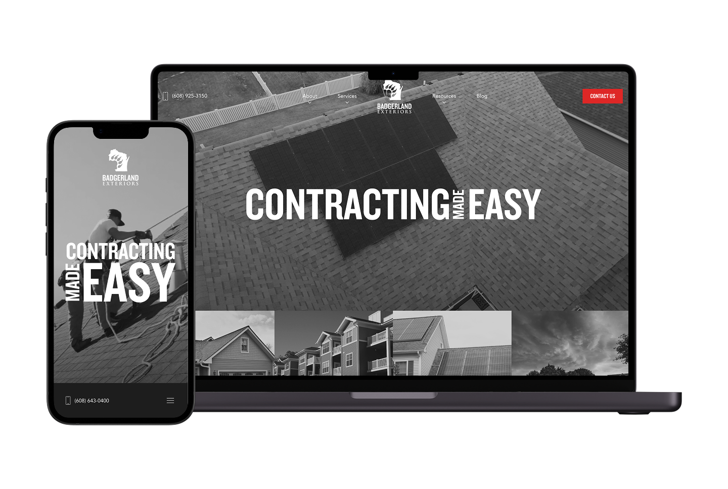 A smartphone and laptop showcase a roofing contractor’s website featuring the slogan “Contracting Made Easy” over a roof installation image. Both devices highlight lookbook-inspired branding and cohesive design elements, demonstrating a unified, professional digital presence.