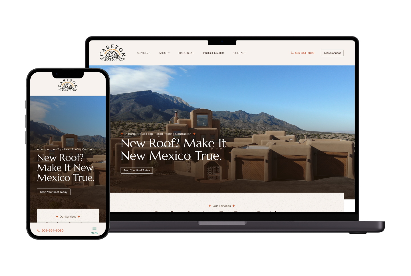 A mobile phone and laptop showcase the Cabezon Roofing homepage, highlighting an adobe-style roof lookbook with a mountain backdrop and the bold headline: "New Roof? Make It New Mexico True.