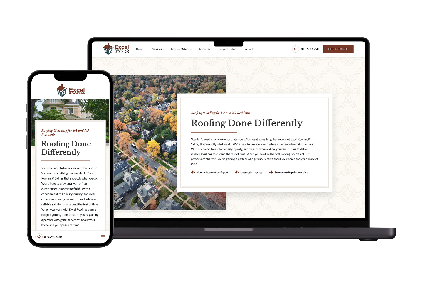 A laptop and smartphone display a roofing company's homepage, featuring prominent company branding, clear contact information, an intuitive navigation menu, an aerial view banner image, and a lookbook highlighting completed residential projects.