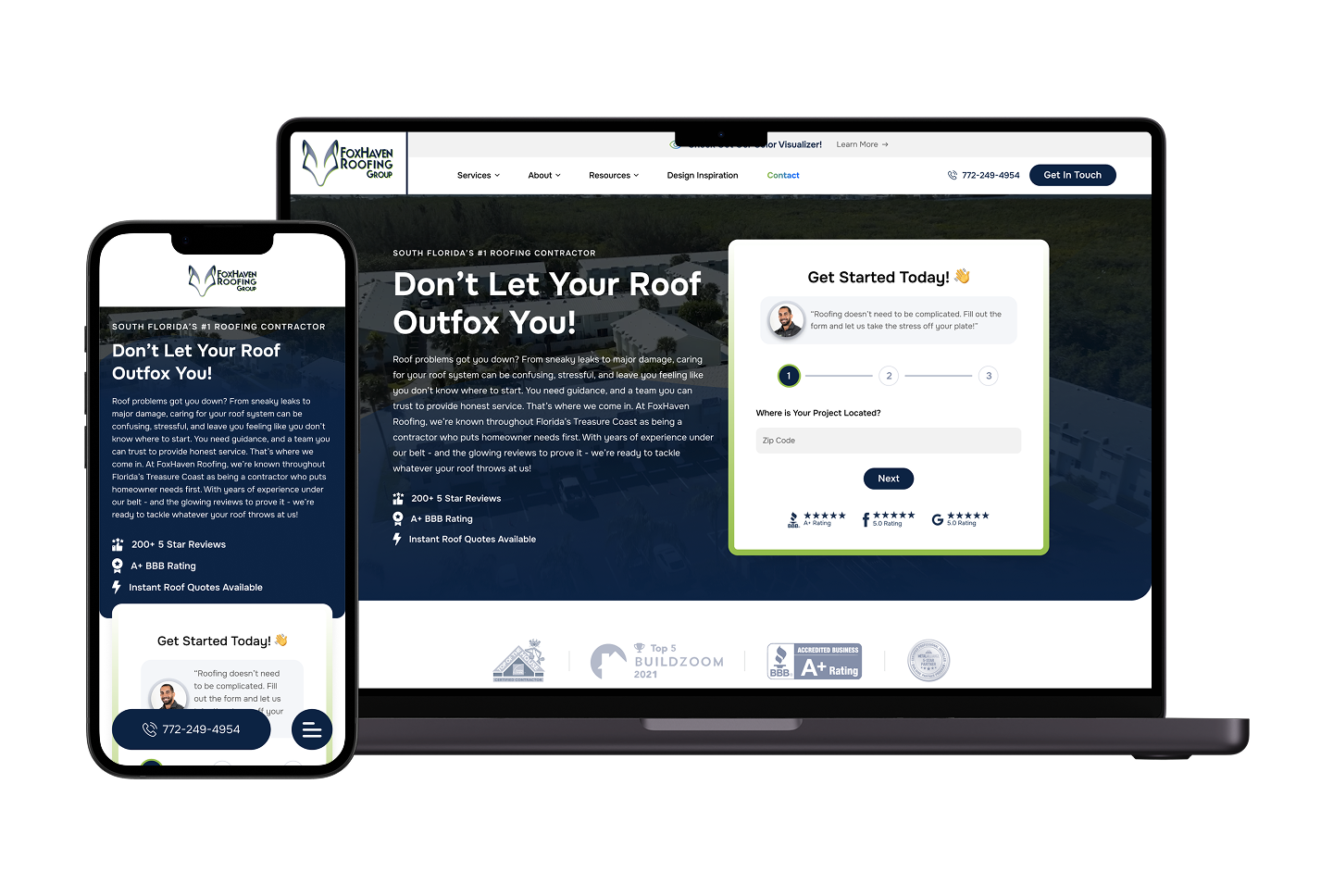 Showcase Absolute Roofing Group’s website on smartphone and laptop, highlighting a roofing services lookbook, contact information, client reviews, and a prominent “Get Started Today!” form—all displayed clearly against a white background.