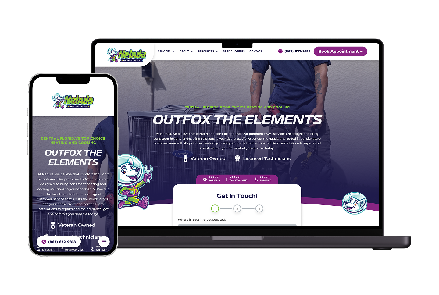 A laptop and smartphone showcase Nebula Heating and Cooling’s website, featuring a cartoon mascot, clear contact information, and messaging that highlights veteran-owned HVAC services—all unified by a modern, digital-inspired purple theme.
