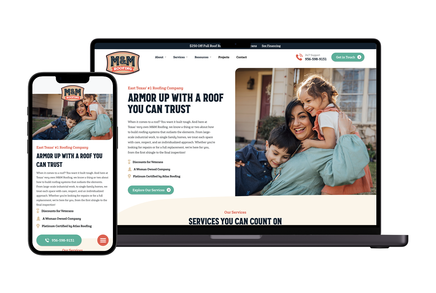 A smartphone and laptop display M&M Roofing’s homepage, featuring a welcoming image of a smiling woman with two children. The website prominently showcases roofing services, offers an inspirational lookbook, and provides clear contact information and navigational menu options.