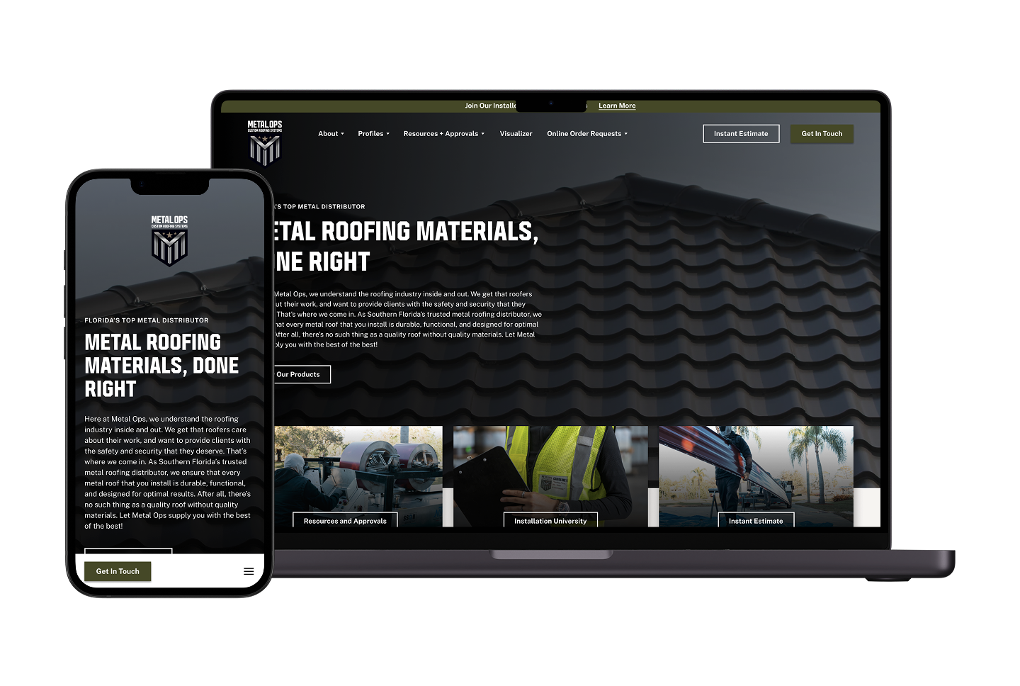A smartphone and laptop showcase a dark-themed metal roofing distributor website, featuring a prominent roof image, intuitive navigation menus, lookbook galleries, and clear calls to action for estimates and contact.