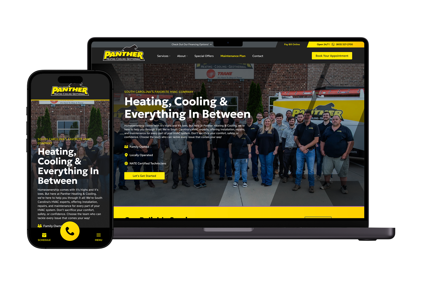 On a smartphone and laptop, the Panther Heating & Cooling website is showcased in a digital lookbook style. The site features company staff posed in front of their building and service vehicle, with clear text highlighting their HVAC services.