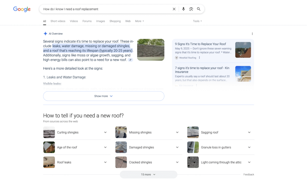 Screenshot of a Google search for "How do I know I need a roof replacement?" displaying results that highlight key signs—curling shingles, water damage, and missing shingles. Plus: Generative Engine Optimization (GEO) tips specifically tailored for home service businesses to boost your online presence and attract more leads.