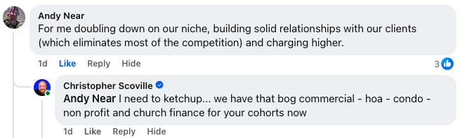 Andy Near emphasizes the importance of building strong niche client relationships and implementing effective roofing pricing strategies. In response, Christopher Scoville highlights the need to stay updated and points out specialized finance solutions for commercial properties, HOAs, condos, nonprofits, and churches.