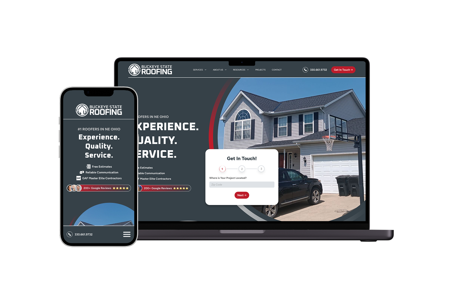 A smartphone and laptop showcase a roofing company's website, displaying a modern home, company logo, and the tagline “Experience. Quality. Service.” The site features a project lookbook and an accessible contact form for easy inquiries.