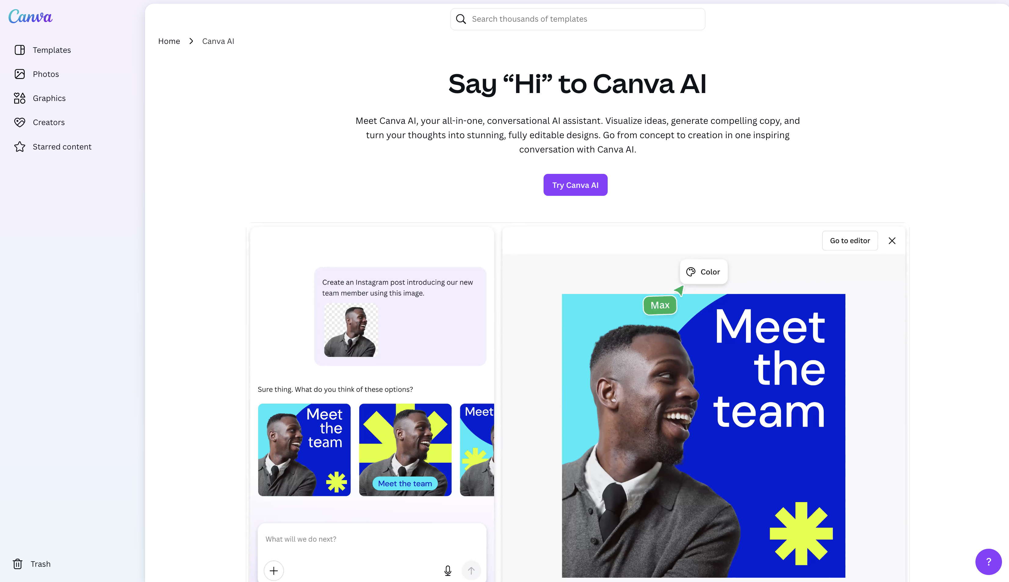 Canva AI page screenshot on Hook Agency: chatbot left, design editor right, home services template with "Meet the team" section.