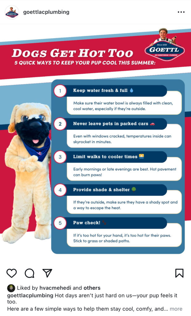 Leverage Goettl AC & Plumbing’s “Dogs Get Hot Too” infographic—featuring a blue, red, and white dog illustration—for compelling plumbing social media posts in 2025. Highlight the 5 dog-cooling tips to educate and engage your audience while reinforcing your brand's community care.