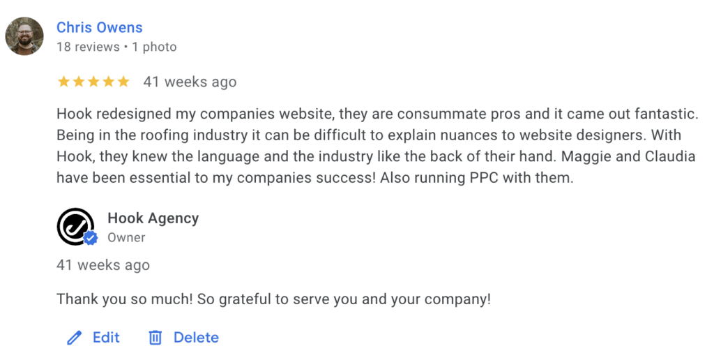 Chris Owens left a 5-star Google review, commending Hook Agency for the successful redesign of his roofing company’s website and effective PPC management. Hook Agency thanked Chris for his feedback and highlighted their proven results with leading pool companies as well.