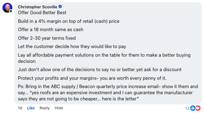 Christopher Scoville shares effective roofing pricing strategies: Maintain a 4% profit margin, offer 18-month same-as-cash financing, and provide flexible payment options. Protect your margins by communicating and documenting price increases to customers.