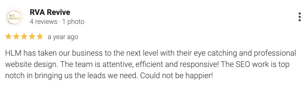 RVA Revive awarded HLM a five-star Google review, recognizing us as a top pool marketing agency for our visually striking website design, dedicated and efficient team, prompt service, and proven SEO results.
