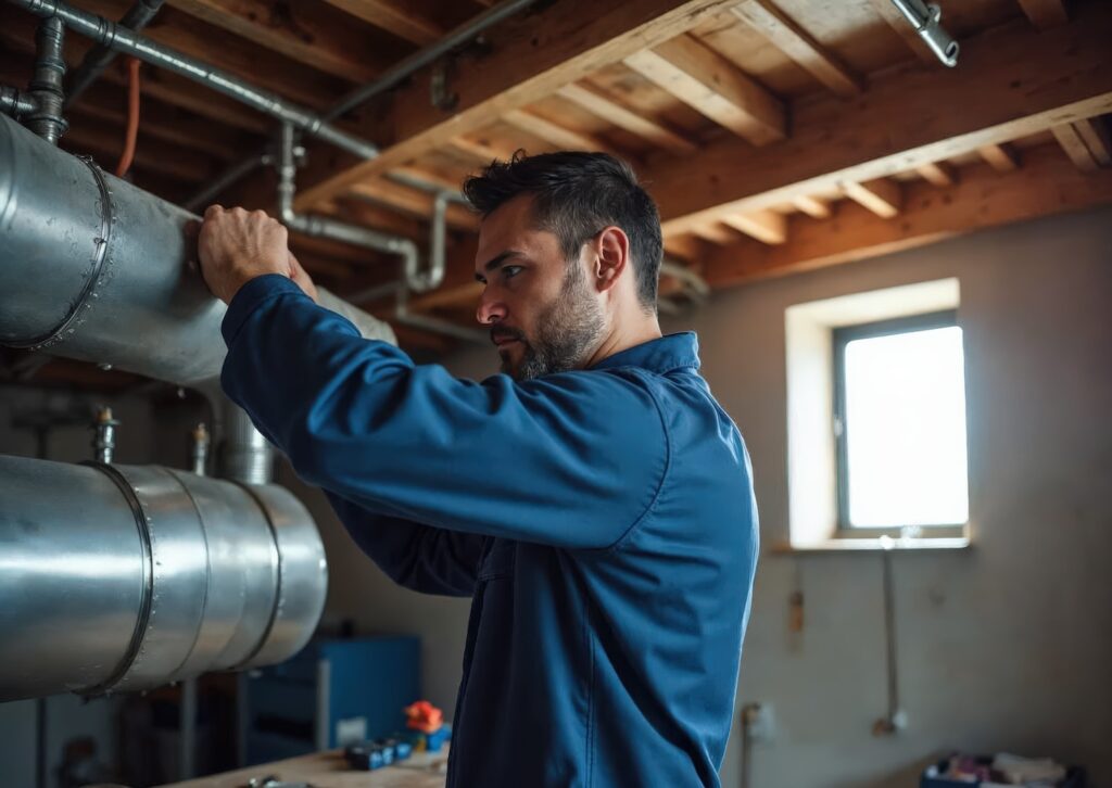 A technician in a blue work uniform adjusts large metal pipes in a utility room with exposed wooden beams and natural light—demonstrating the practical, hands-on work essential to executing an effective HVAC business plan.