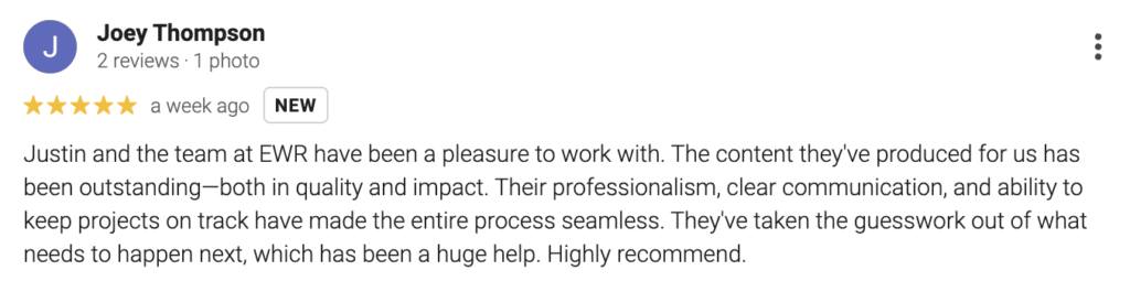 Joey Thompson’s five-star Google review commends Justin and the EWR team as the premier pool company, citing their outstanding content, professionalism, clear communication, and seamless project management. He highly recommends their services.