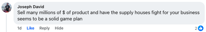 On Facebook, Joseph David comments: "Sell millions of dollars in product and create competition among supply houses for your business—that’s a strong roofing pricing strategy." This comment received two likes.