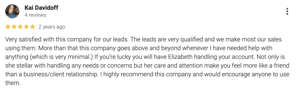 5-Star Google Review from Kai Davidoff Kai Davidoff praises the pool company for delivering qualified leads, exceptional service, and highlights Elizabeth’s outstanding helpfulness and care. He highly recommends this as one of the best pool companies. Kai’s profile photo is featured alongside his review.