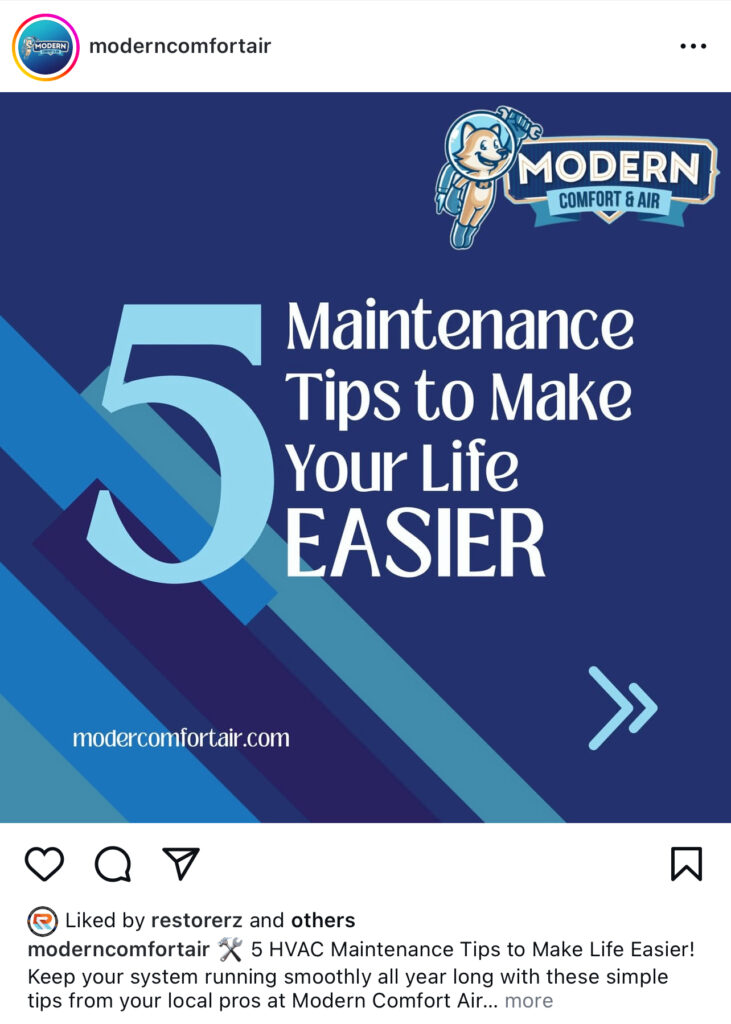 Feature a bold graphic with a prominent number "5," the headline "5 Plumbing Maintenance Tips to Make Your Life Easier," and the Modern Comfort & Air logo with their cartoon technician against a blue geometric background. Ideal for your 2025 social media campaigns.